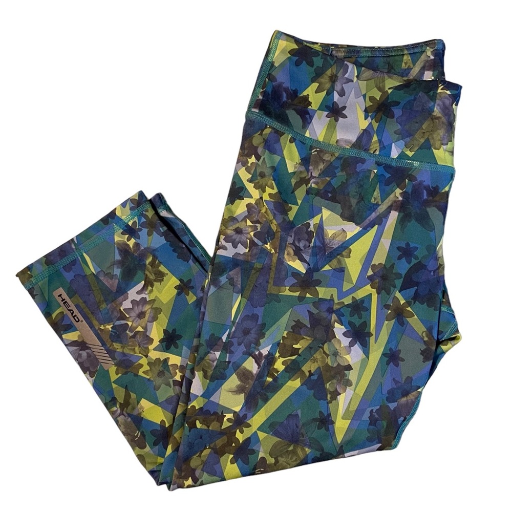 HEAD Cropped Capri Athletic Legging Green Blue Flower Print Women’s Size Medium